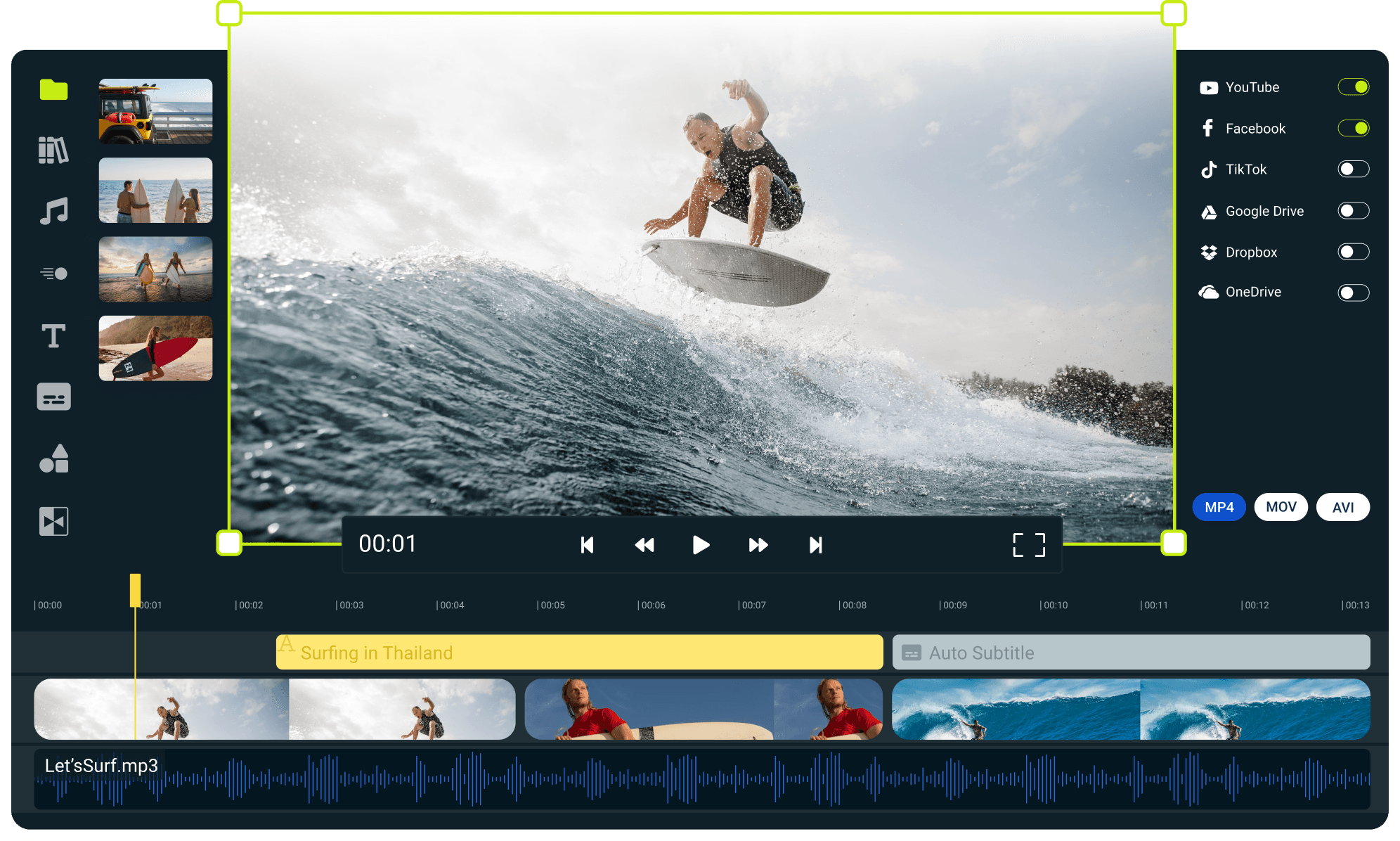 Video editor showing a person surfing