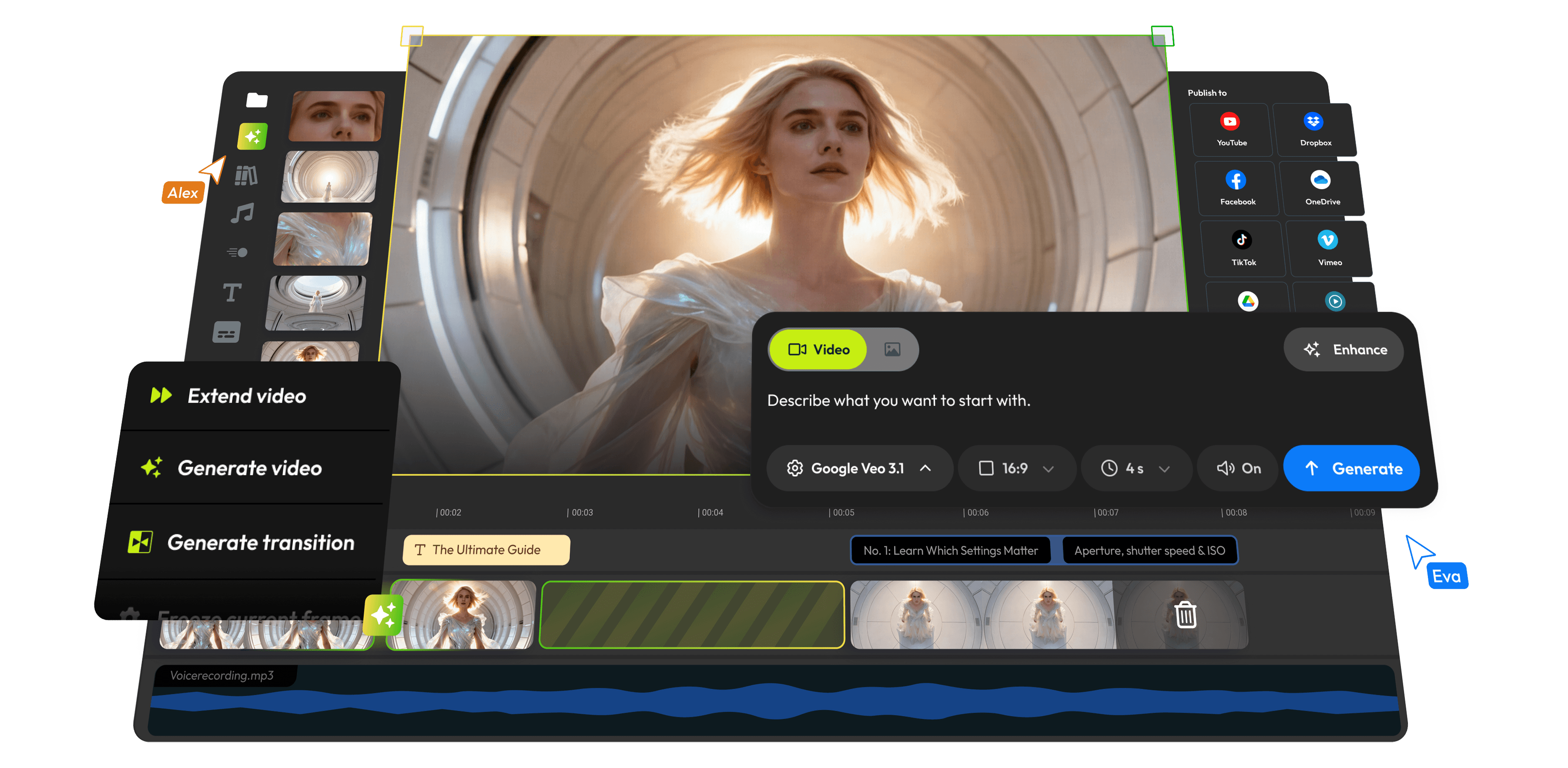 Desktop video editor showing a person surfing